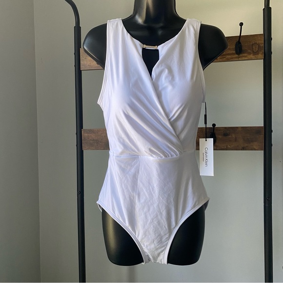 Calvin Klein Women's Tummy Control Panel High Neckline One Piece, Soft White 10 - Picture 7 of 7